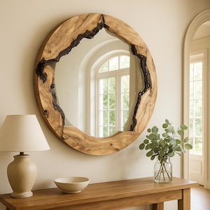 Solid Olive Wood Wall Mirror, Handmade Rustic Round Mirror, Live Edge Wood Wall Mirror, Organic Egde Natural Round Mirror for Entryway