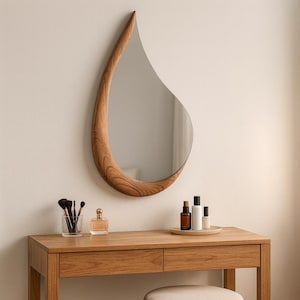 Specchio ovale con cornice in legno asimmetrica, specchio da parete moderno di metà secolo per camera da letto e bagno, specchio in legno decorativo irregolare a forma di goccia d&#39;acqua