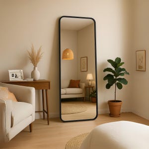 Full Length Wooden Frame Floor Mirror - Full Body Oversize Arched Mirror - Freestanding Big Entryway Mirror - Tall Living Room Mirror