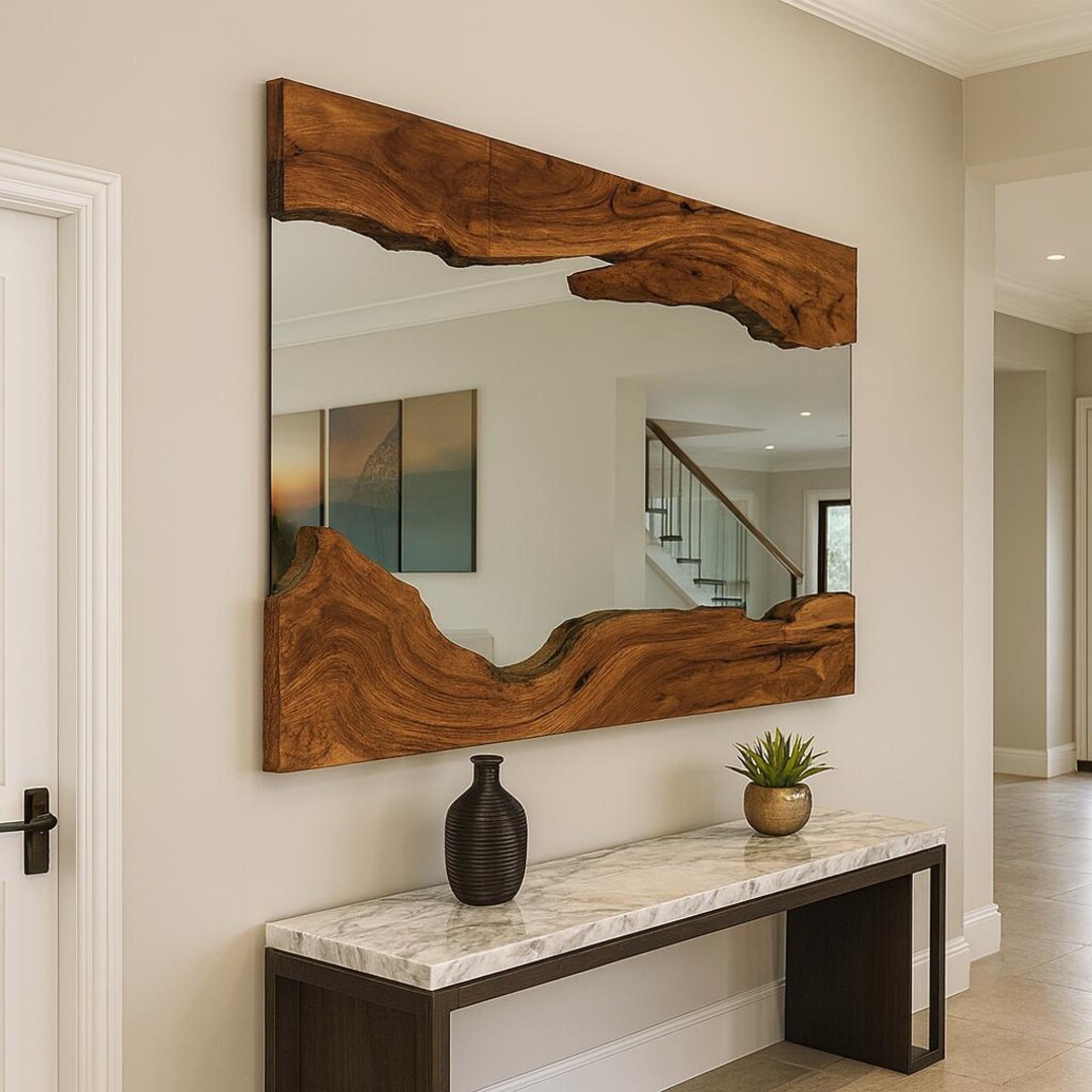 Handmade Natural Frame Rectangular Large Mirror, Live Edge Wooden