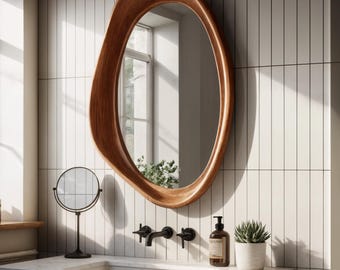 Asymmetrical Walnut Wood Mirror: Mid Century Modern Wall Decor