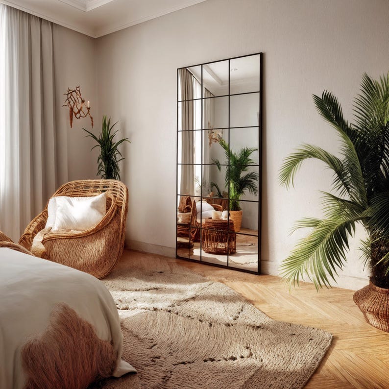 Both aesthetic and functional gold framed mirror will be indispensable for your bedroom. 
The minimalist full body large wall mirror goes well with both classic and contemporary decor styles.
