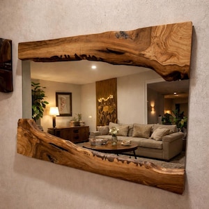Live Edge Mirror, Asymmetrical Olive Wood Farmhouse Mirror, Decorative Wooden Mirror, Rectangular Rustic Wood Mirror