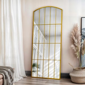 Full Length Arched Window Mirror, Full Body Oversize Arched Mirror, Wooden Frame Big Farmhouse Mirror, Asymmetrical Tall Window Pane Mirror
