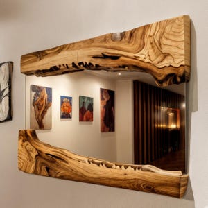 Handmade Mirror with Live Edge Detail, Asymmetrical Olive Wood Farmhouse Mirror, Decorative Wooden Mirror, Rectangular Rustic Wood Mirror