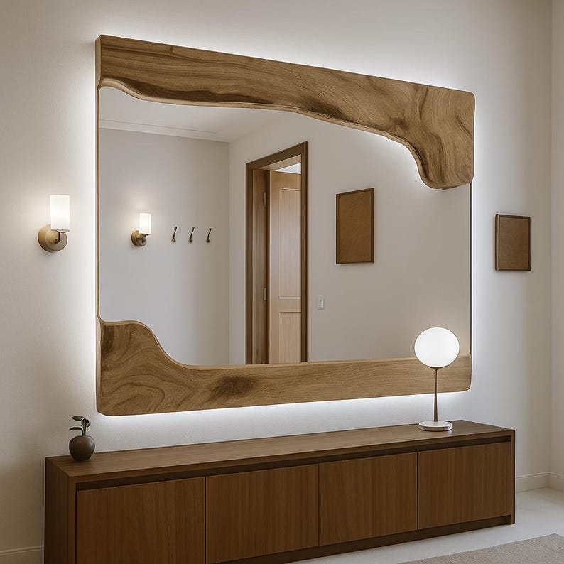 AI-generated image of a rustic solid wood framed mirror with LED backlighting for modern home décor