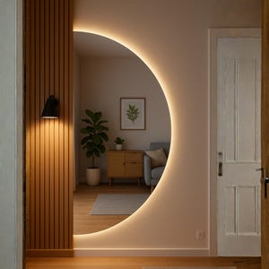 Half Moon Backlit Mirror, Radius Living Room Mirror, Half Circle Mirror with Led Lights, Modern Bathroom Full Length Mirror, Entryway Mirror