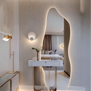 Asymmetrical Full Length Led Lighted Mirror - Irregular Full Body Large LED Mirror for Living Room - Decorative Tall Backlit Bedroom Mirror