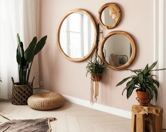 Round Wooden Frame Mirror with Set, Decorative Mid Century Wall Mirror, Circle Wood Mirror for living Room & Entryway, Rustic Set of Mirror