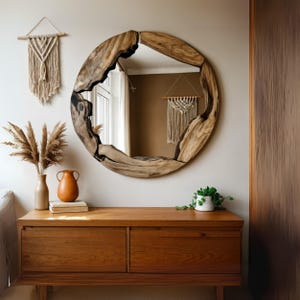 Wooden Frame Round Mirror, Live Edge Wood Wall Mirror, Olive Wood Round Mirror for Wall Decor, Circle Wood Large Mirror, Organic Wood Mirror
