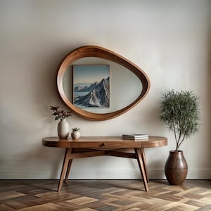 Asymmetrical Wooden Frame Mirror, Walnut Mid Century Mirror for Living Room, Irregular Modern Organic Mirror, Aesthetic Real Wood Mirror