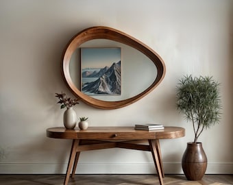 Asymmetrical Wooden Frame Mirror, Walnut Mid Century Mirror for Living Room, Irregular Modern Organic Mirror, Aesthetic Real Wood Mirror