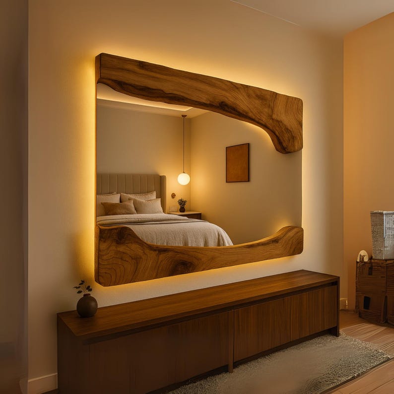 Natural wood wall mirror with ambient LED light, handcrafted for living room or hallway decoration