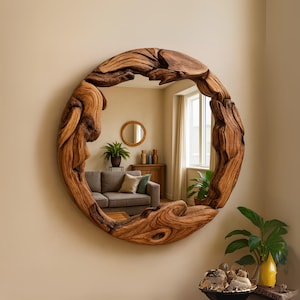 Wooden Frame Round Mirror, Handmade Mirror with Live Edge Detail, Olive Wood Round Mirror for Wall Decor, Natural Circle Wood Large Mirror