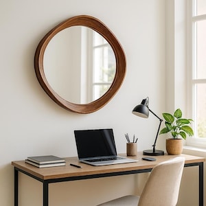 Walnut Wooden Frame Mirror, Mid Century Round Mirror, Farmhouse Irregular Modern Living Room Mirror, Decorative Entryway Walnut Mirror