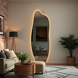 Asymmetrical Full Length Mirror, Irregular Full Body LED  Mirror for Living Room, Decorative Floor Mirror, Wavy LEDD ressing Room Mirror
