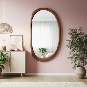 Asymmetrical Wood Frame Mirror, Modern Mid century Wall Mirror for Bedroom & Bathroom, Irregular Decorative Wood Mirror, Natural Wood Mirror