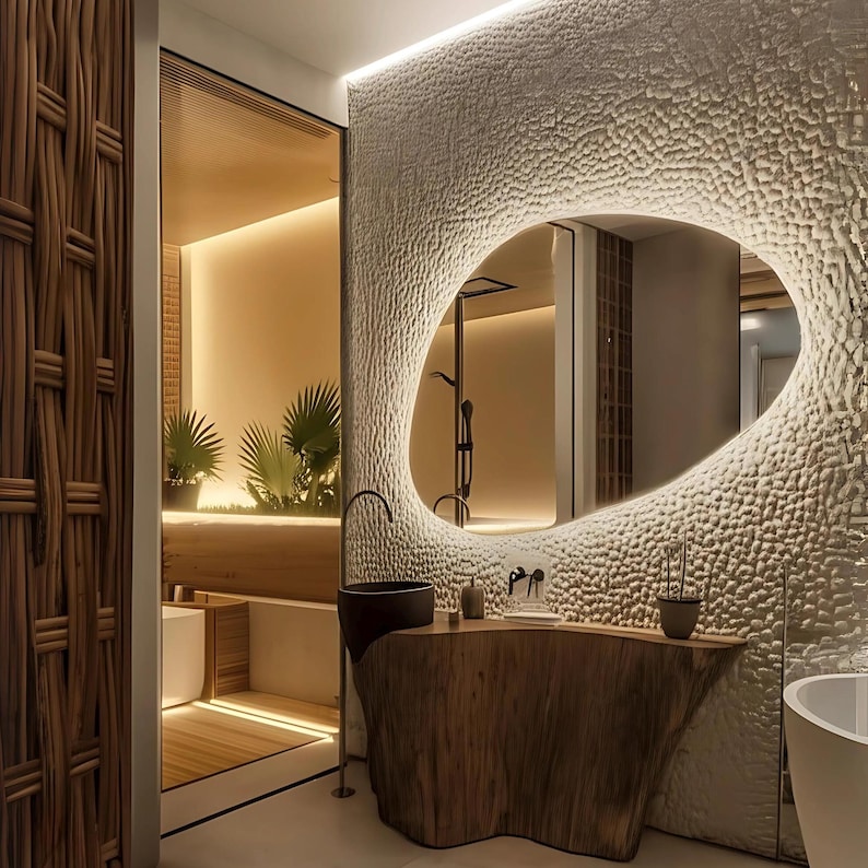 Reflect your style with Modern LED mirror, which is the perfect decorative option for your bedroom. The asymmetric wall mirror with LED lighting offers a stylish design for modern bathrooms and vanity areas.