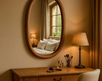 Large Oval Walnut Mirror, Mid Century Modern Wall Decor