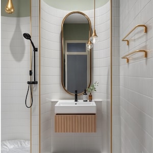Both aesthetic and functional gold framed mirror will be indispensable for your bedroom. 
The minimalist full length modern wall mirror goes well with both classic and contemporary decor styles.