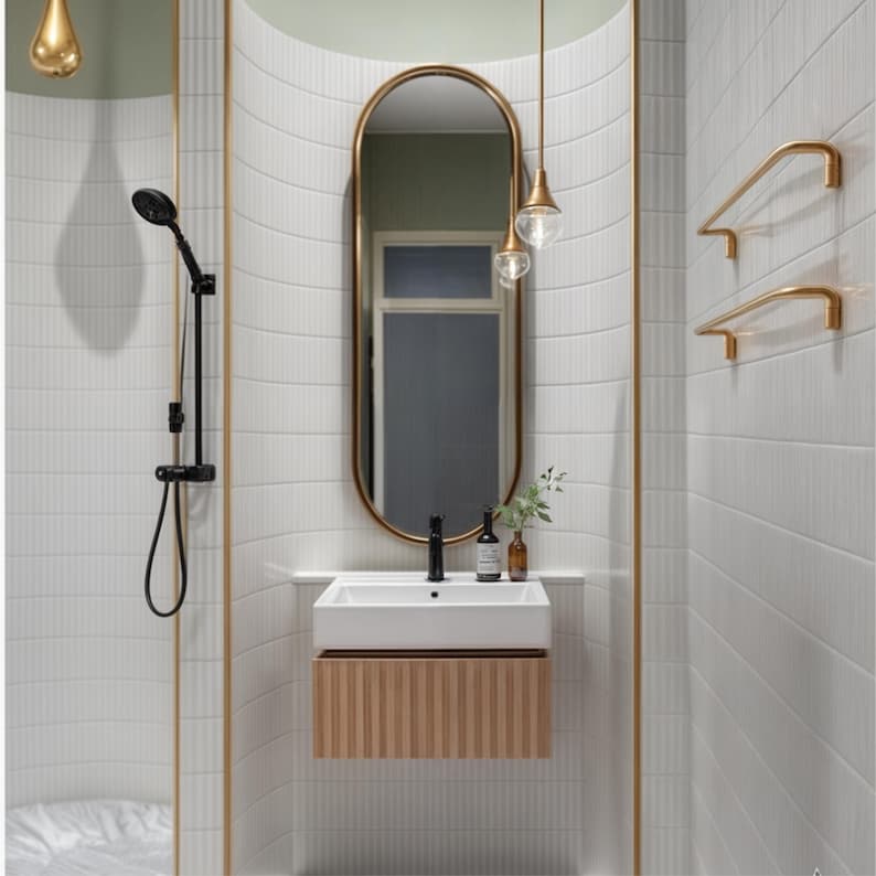 Both aesthetic and functional gold framed mirror will be indispensable for your bedroom. 
The minimalist full length modern wall mirror goes well with both classic and contemporary decor styles.