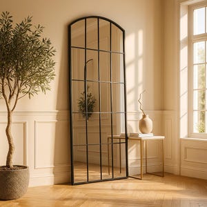 Full Length Arched Window Mirror, Full Body Oversize Arched Mirror, Wooden Frame Big Farmhouse Mirror, Asymmetrical Tall Window Pane Mirror