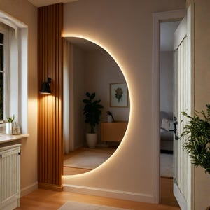 Specchio LED semicircolare, specchio retroilluminato a mezzaluna, specchio a figura intera per bagno o soggiorno, specchio d'ingresso, specchio decorativo per corridoio