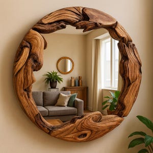 Olive Wood Round Decorative Mirror, Live Edge Wood Wall Mirror, Wooden Frame Round Mirror for Wall Decor, Natural Modern Large Mirror