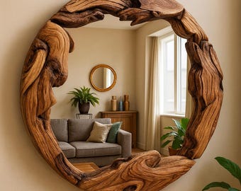 Olive Wood Round Decorative Mirror, Live Edge Wood Wall Mirror, Wooden Frame Round Mirror for Wall Decor, Natural Modern Large Mirror