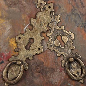 May include: Two ornate brass keyhole covers with decorative details and ring pulls. The keyhole covers are on a textured, brown background.
