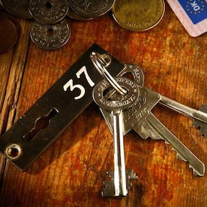 May include: A metal key tag with the number 37 on it.  The tag is attached to a set of keys with a key ring.