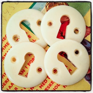 May include: Four white plastic keyhole covers with a round shape and a keyhole cutout in the center. The keyhole covers are arranged in a semi-circle.