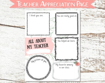 Printable Teacher Appreciation Page - Student Questionnaire