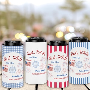 Fourth of Jul Bachelorette Dosenkühler | Rot Weiß und ich Koozie | Rot, Weiß und Blau Bach Party | 4. Juli Brautparty | Feuerwerk Party