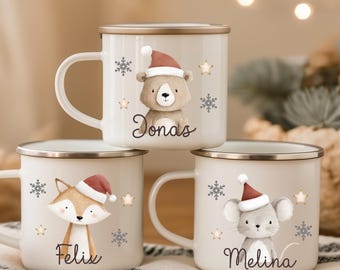 Regalo de Navidad personalizado para niños: taza de esmalte blanco con nombre. Regalo para el amigo invisible y San Nicolás. Regalo para el Día de San Nicolás para niños.