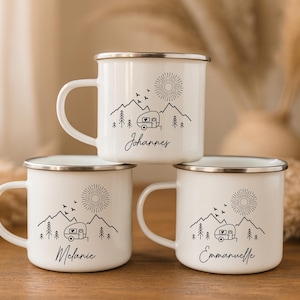 Camping Tasse personalisiert – Emaillebecher mit Name | Geschenk für Camper & Vanlife.Geschenk für Abenteurer.Picknik Becher.Outdoor Mug.