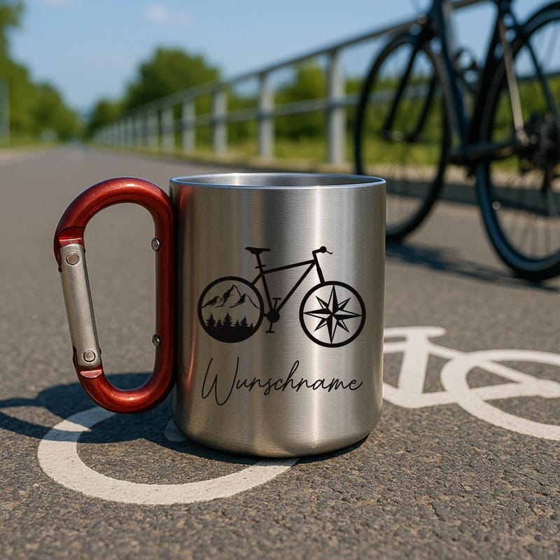 🚴‍♂️Personalized stainless steel mug with bicycle | Name engraving | Gift for cyclists & bike fans | Camping mug for coffee and tea