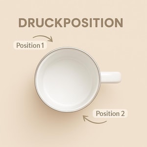 May include: Overhead view of a white ceramic mug with a silver rim and a white handle. The mug is empty and sits on a beige surface. Text at the top reads "DRUCKPOSITION" and labels "Position 1" and "Position 2" with arrows.
