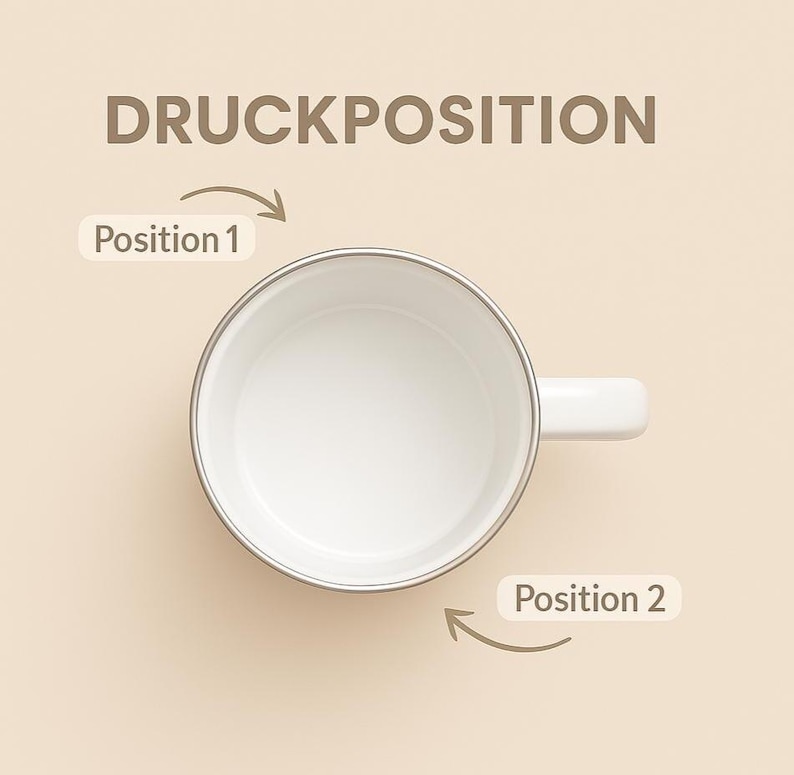 May include: Overhead view of a white ceramic mug with a silver rim and a white handle. The mug is empty and sits on a beige surface. Text at the top reads "DRUCKPOSITION" and labels "Position 1" and "Position 2" with arrows.