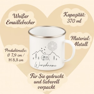 May include: White enamel mug with a silver rim, featuring a black mountain and camper design. The mug has a capacity of 370 ml and measures 3.1 inches in diameter and 3.5 inches in height. The text "Wunschname" is printed on the mug.