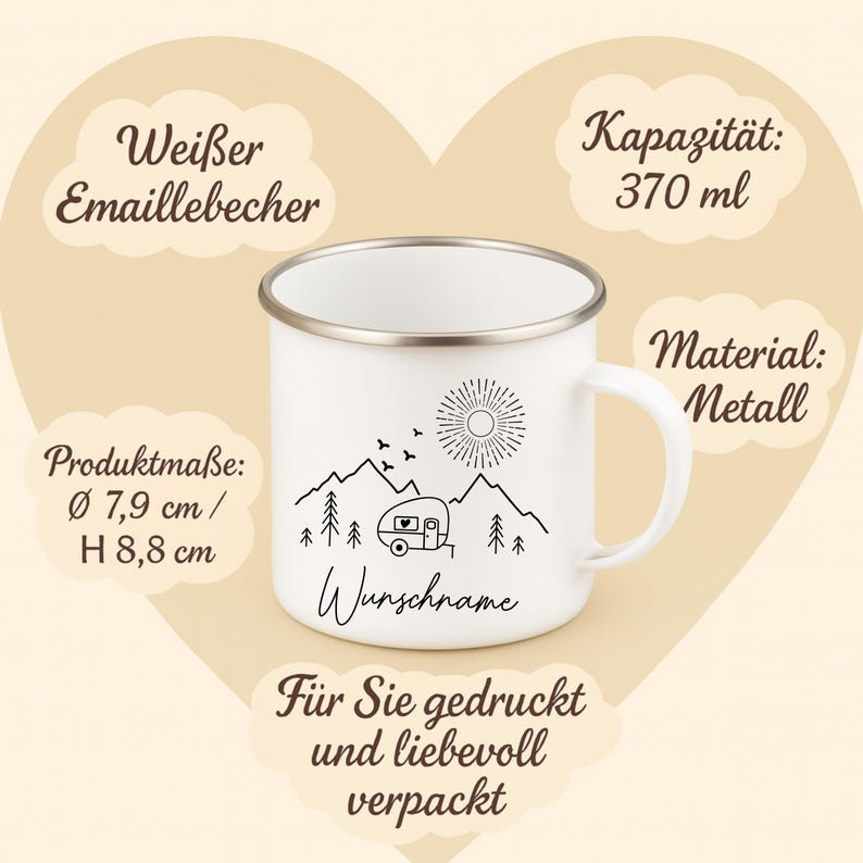 May include: White enamel mug with a silver rim, featuring a black mountain and camper design. The mug has a capacity of 370 ml and measures 3.1 inches in diameter and 3.5 inches in height. The text "Wunschname" is printed on the mug.