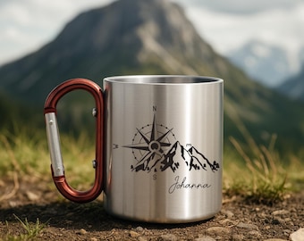 Edelstahl Tasse mit Gravur & Karabiner – Personalisierte Campingtasse für Abenteuer und Naturfreunde.Geschenkidee für Männer und Frauen.
