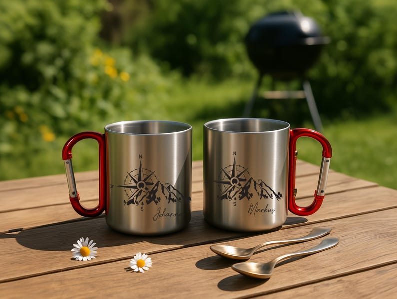May include: Two stainless steel camping mugs with red carabiner handles sit on a wooden table. Each mug features a compass and mountain design with a name. Two gold spoons and daisies are also on the table.