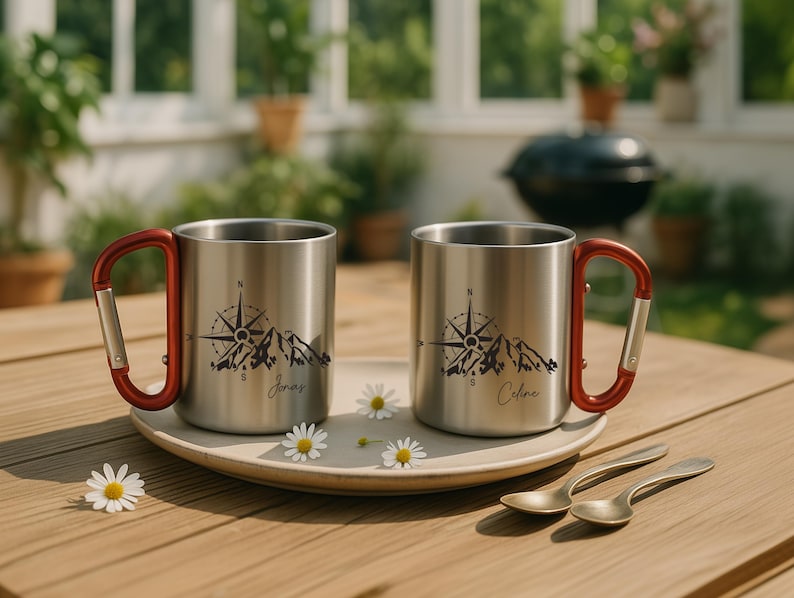 May include: Two stainless steel camping mugs with red carabiner handles sit on a plate with daisies. Each mug features a compass and mountain design with a name. Two small gold spoons are next to the plate.