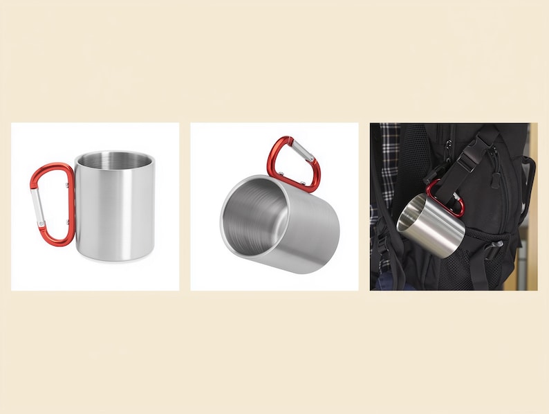 May include: A set of three stainless steel camping mugs with red carabiner handles. One mug is upright, another is tilted, and the third is attached to a black backpack. The mugs are designed for outdoor use and are durable and portable.