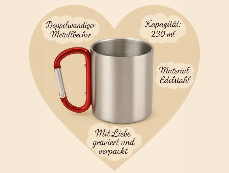 May include: A stainless steel mug with a red carabiner handle. The mug has a capacity of 230 ml. Text on the image reads: "Double-walled metal mug", "Capacity: 230 ml", "Material: Stainless steel", and "Engraved and packaged with love."