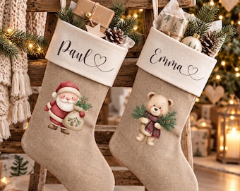 Calza di Natale personalizzata con nome, stivale di Babbo Natale in juta, calza di Natale per bambini, regalo di Babbo Natale, decorazione natalizia