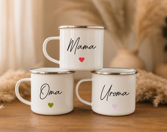 Personalized mug with heart – mom, dad, grandma, grandpa, aunt, uncle, great-grandma, great-grandpa – gift for the family – camping mug. Family gift.