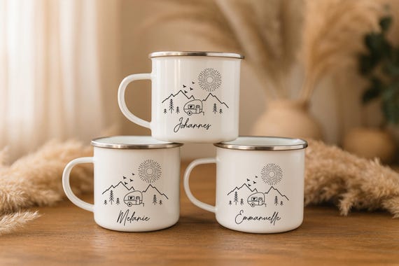 Camping Tasse personalisiert – Emaillebecher mit Name | Geschenk für Camper & Vanlife.Geschenk für Abenteurer.Picknik Becher.Outdoor Mug.