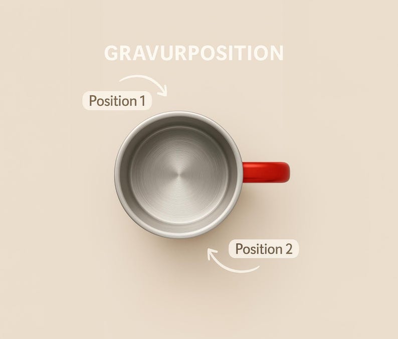 May include: Overhead view of a stainless steel mug with a red handle. The text "GRAVURPOSITION" is at the top, with "Position 1" and "Position 2" labels and arrows indicating placement options.